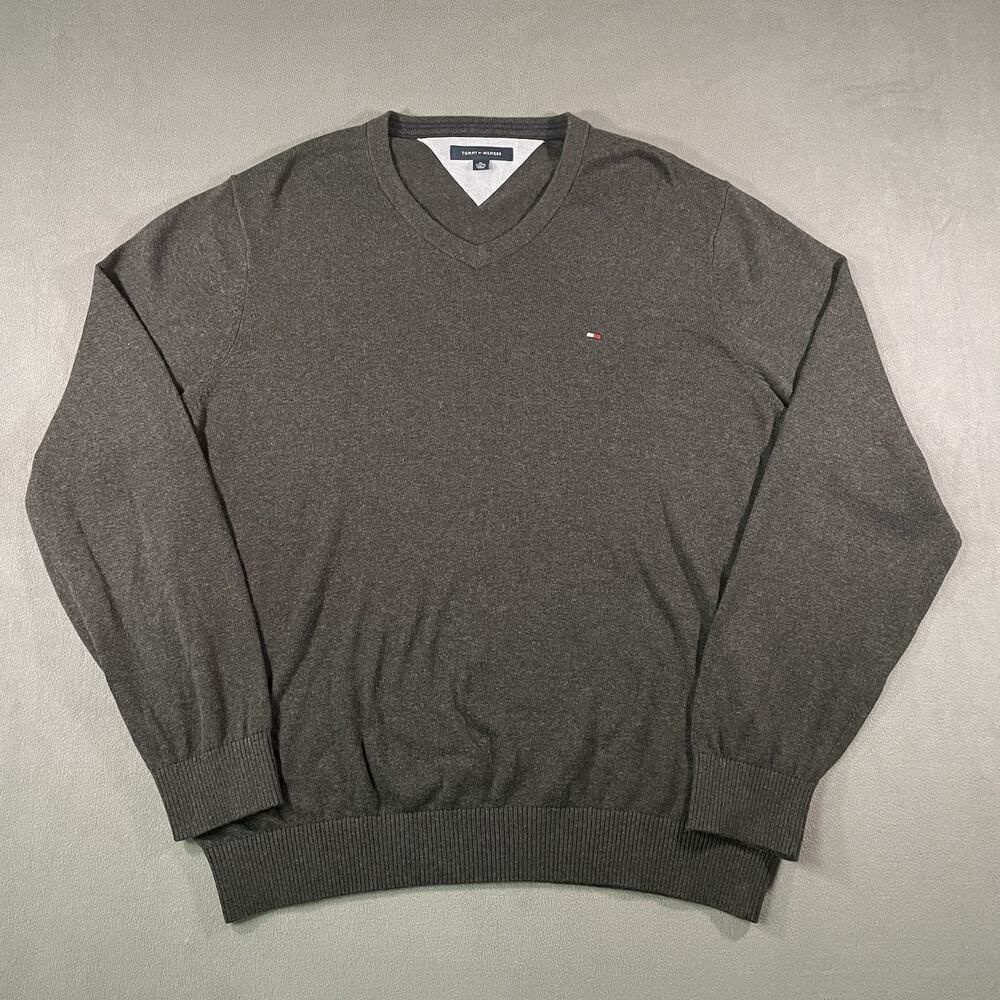 Tommy Hilfiger Sweater Men's XL Gray Cotton V Neck Pullover Long Sleeve